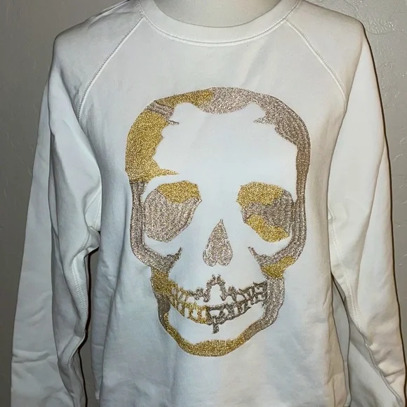 🎉HP🎉NEW Zadig And Voltaire White Upper Gold/Slv Glitter Skull Sweatshirt Sz M✨ - Picture 3 of 13